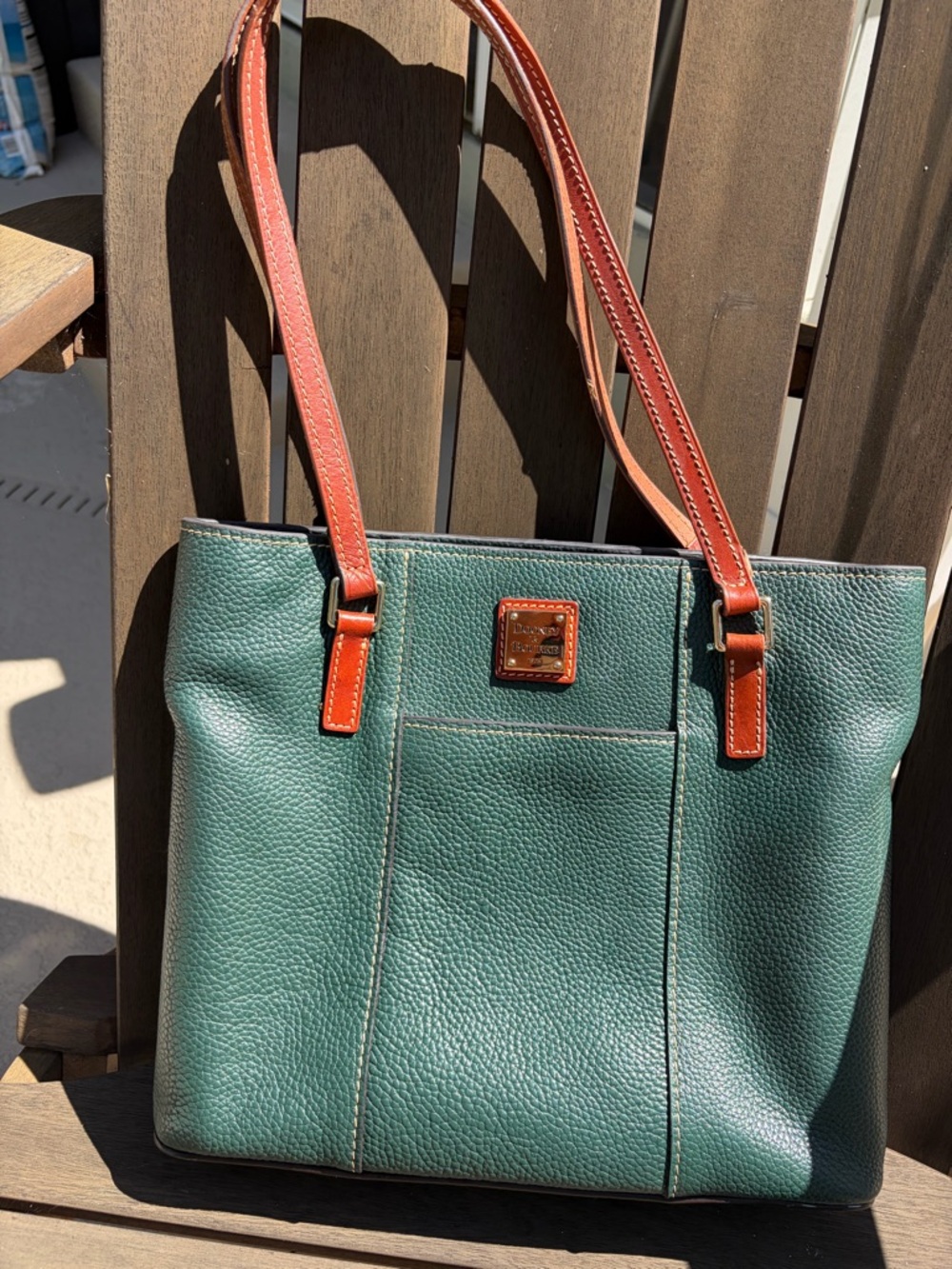 Dooney & Bourke Green Pebbled Leather Tote with Brown Straps